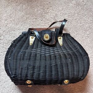 Vintage hand made rattan Simon Black Woven Bag with Gold Details